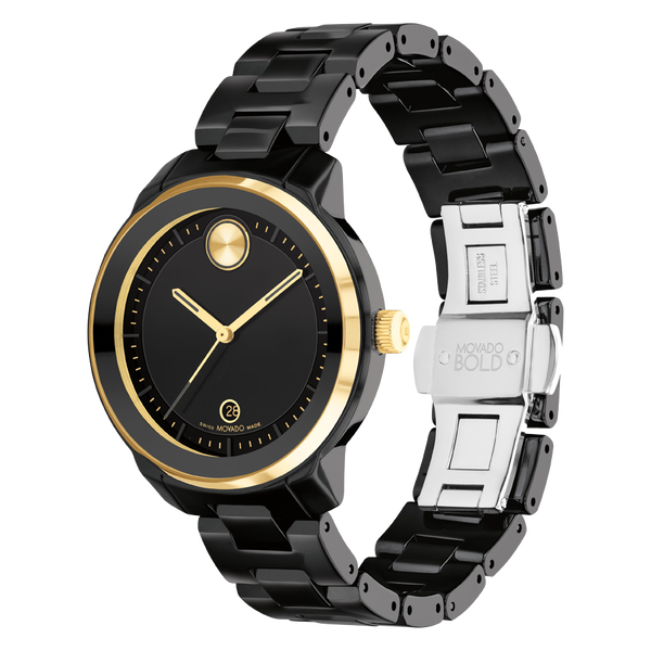 Ladies' Movado Bold® Verso Gold-Tone IP and Black Ceramic Watch with Black Dial-3600936 - Kamal Watch Company