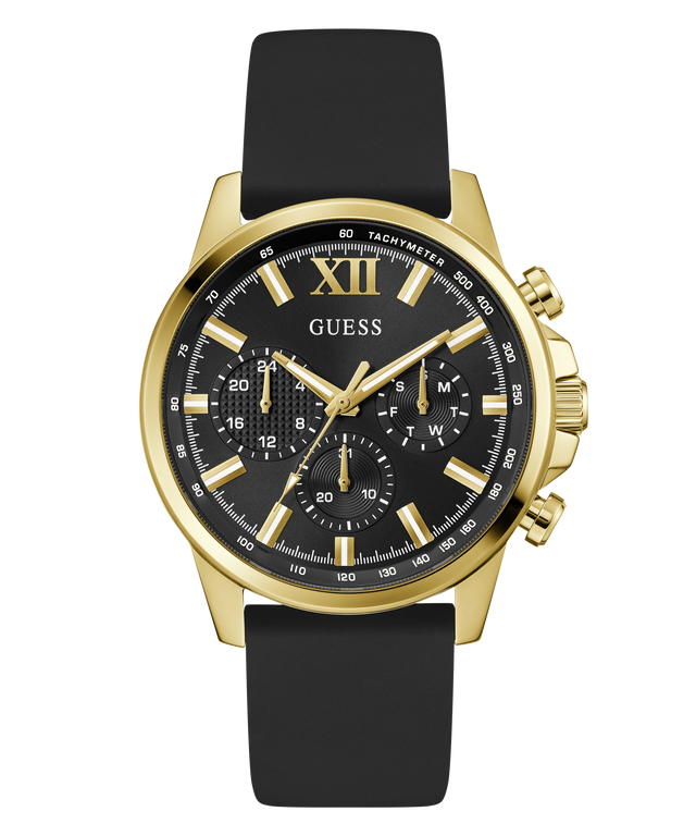 GUESS Mens Black Gold Tone Multi-function Watch