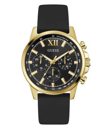 GUESS Mens Black Gold Tone Multi-function Watch