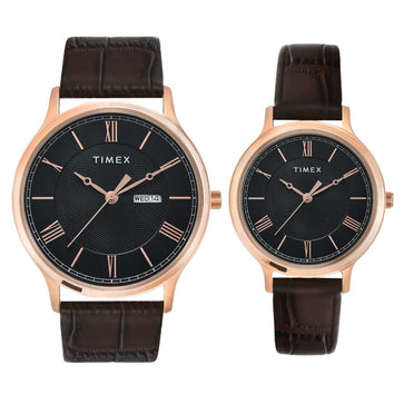 Timex Pairs Black Round Analog Brass Dial Watch- TW00PR301