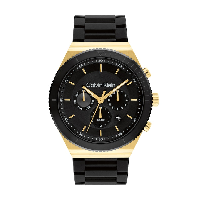 Men's Calvin Klein Two-Tone IP Chronograph Black Silicone Strap Watch with Black Dial (Model: 25200306) - Kamal Watch Company