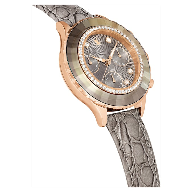 Octea Chrono watch Swiss Made, Leather strap, Gray, Rose gold-tone finish