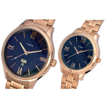 Timex Empera Pairs Blue Dial Round Case Day-Date + 3 Hands Function Watch -TW00PR284