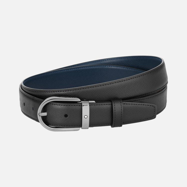 Horseshoe buckle black/blue 30 mm reversible leather belt