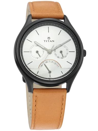 Titan Work Wear Silver Dial Brown Leather Strap Watch For Men 1803NL01 - Kamal Watch Company