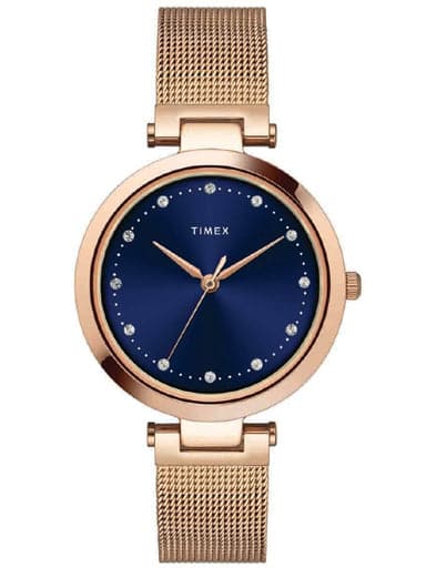 Timex Premium Blue Dial Watch With Rose Gold Mesh Bracelet Twel11824
