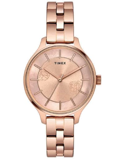 Timex Ladies Pink Floral Dial Watch With Rose Gold Bracelet Twel14808