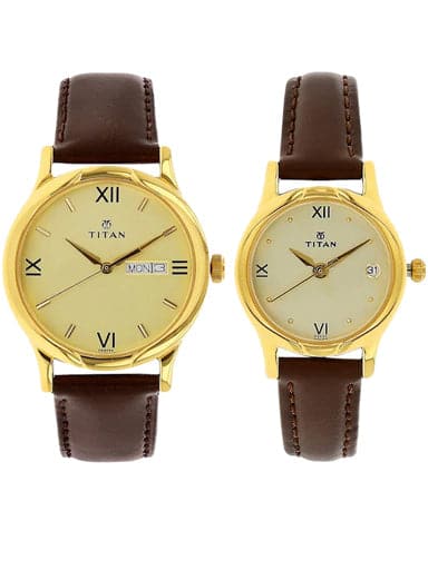 Titan Bandhan Champagne Dial Brown Leather Strap Watches NP15802490YL05 - Kamal Watch Company