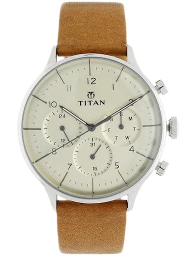 Titan On Trend Off White Dial Brown Leather Strap Men'S Watch Np90102S