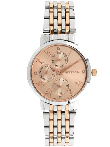 Titan Rose Gold Dial Two Tone Stainless Steel Strap Women'S Watch Np25