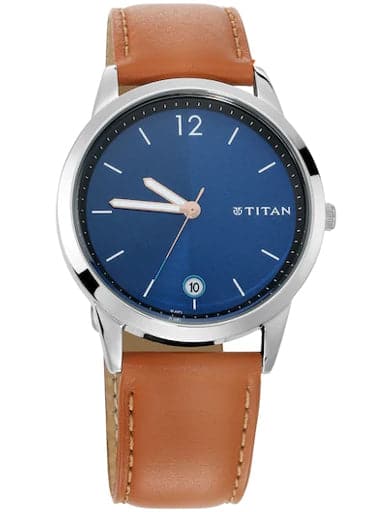 Titan Work Wear Blue Dial Tan Leather Strap Men'S Watch Nn1806Sl02
