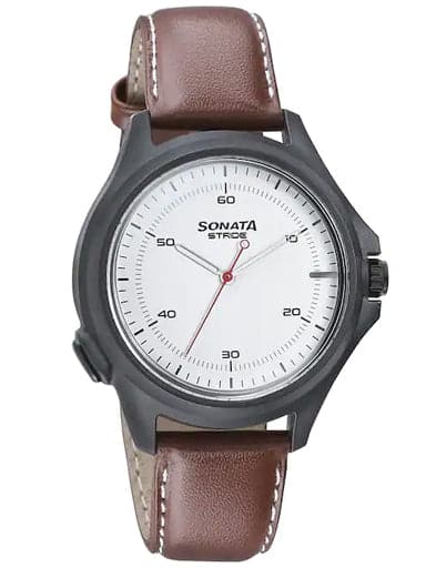 Sonata Stride Hybrid Smartwatch With White Dial Tan Leather Strap