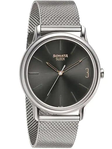 Mens Watch Sonata 7128 Sonata Sleek Grey Dial Stainless Steel
