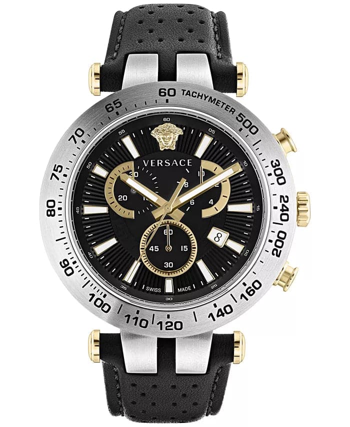 VERSACE Men's Swiss Chronograph Bold Black Perforated Leather Strap Wa