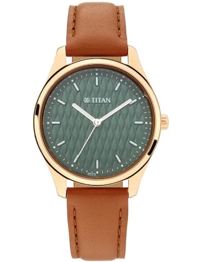 Titan Work Wear Green Dial Leather Strap Women'S Watch 2639Wl01