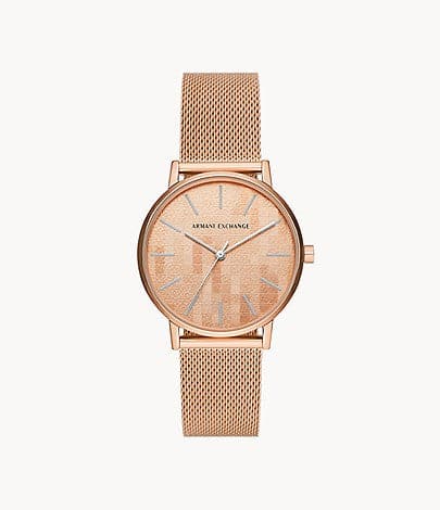 Armani Exchange Three-Hand Rose Gold-Tone Stainless Steel Mesh Watch A