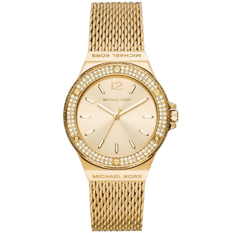 Michael Kors Lennox Three Hand Gold Tone Stainless Steel Mesh Watch MK