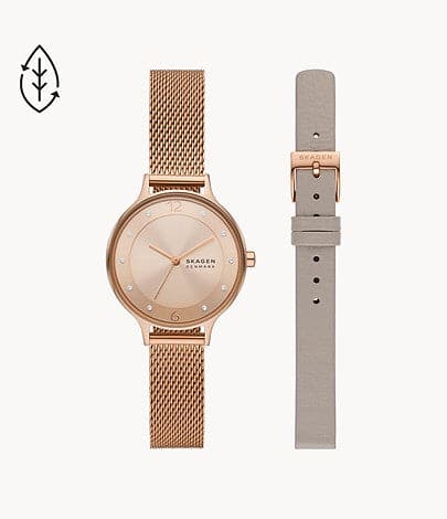 SKAGEN Anita Lille Three-Hand Rose Gold Stainless Steel Mesh Watch Set