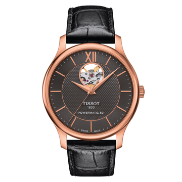 Tissot Tradition Powermatic 80 Open Heart Black Leather Men's Watch - Kamal Watch Company