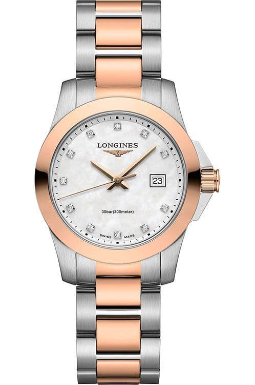 Longines Conquest Quartz White MOP Diamond Dial Women's Watch - Kamal Watch Company