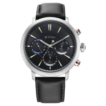 10012SL01 Titan Stellar Quartz Multifunction Black Dial Leather Strap Watch for Men