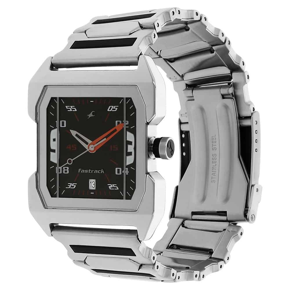 NR1474SM02 BLACK DIAL SILVER STAINLESS STEEL STRAP WATCH - Kamal Watch Company