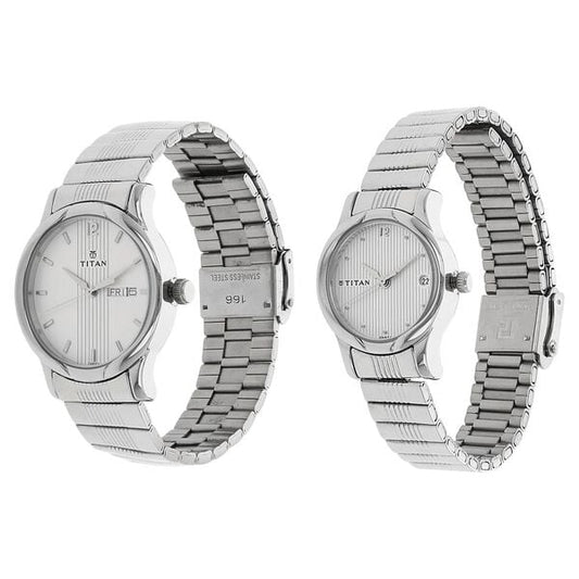Titan Quartz Analog with Day and Date Silver Dial Stainless Steel Strap Watch for Couple