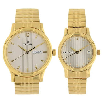 Titan NT15802490YM04 Quartz White Dial Couple Watch