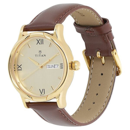 Titan Champagne Dial Analog with Day and Date Leather Strap watch for Men