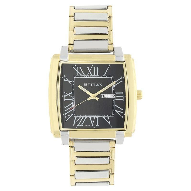 NF1586BM02 Titan Quartz Analog with Day and Date Black Dial Stainless Steel Strap Watch for Men