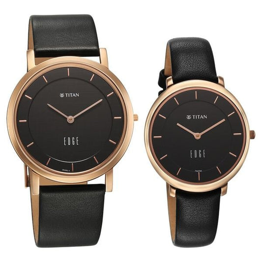 Titan Edge Pair Black Dial Analog Leather Strap watch for Couple