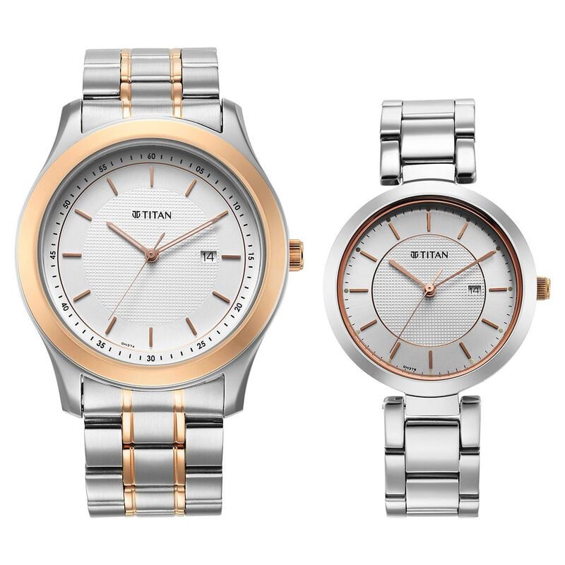 16272480KM01P Titan Bandhan White Dial Analog with Date Stainless Steel Strap Watch for Couple