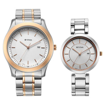 16272480KM01P Titan Bandhan White Dial Analog with Date Stainless Steel Strap Watch for Couple