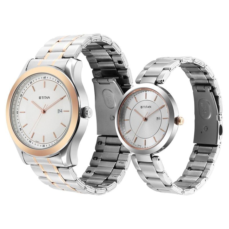 16272480KM01P Titan Bandhan White Dial Analog with Date Stainless Steel Strap Watch for Couple