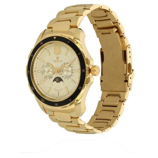 Titan Quartz Multifunction Champagne Dial Stainless Steel Strap watch for Men