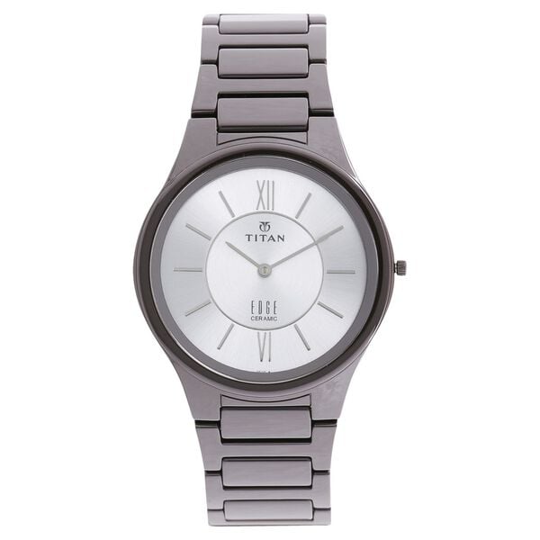 Titan Edge Ceramic Quartz Analog Silver Dial Grey Ceramic Strap Watch For Men