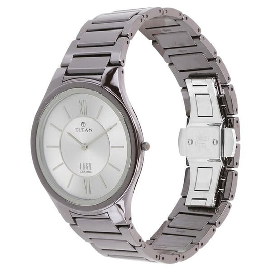 Titan Edge Ceramic Quartz Analog Silver Dial Grey Ceramic Strap Watch For Men