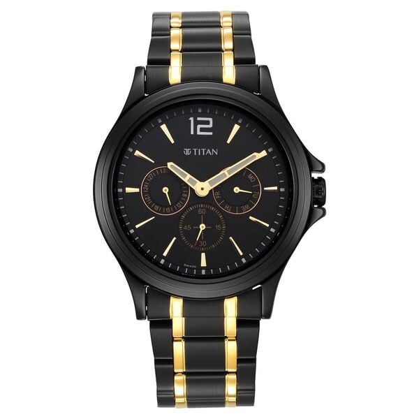 Titan Black and Gold Black Dial Quartz Multifunction Stainless Steel Strap watch for Men