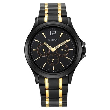 Titan Black and Gold Black Dial Quartz Multifunction Stainless Steel Strap watch for Men