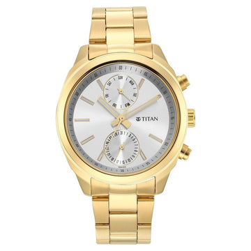 NR1733YM01 Titan Black and Gold Silver Dial Quartz Multifunction Stainless Steel Strap watch for Men