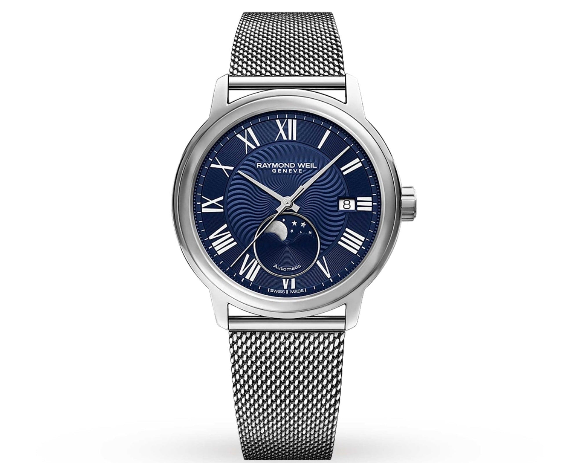 Raymond Weil Maestro Moon Phase Men'S Automatic Stainless Steel Mesh Bracelet 40 Mm Watch