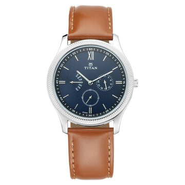 NQ1768SL03 Titan Quartz Multifunction Blue Dial Leather Strap Watch for Men