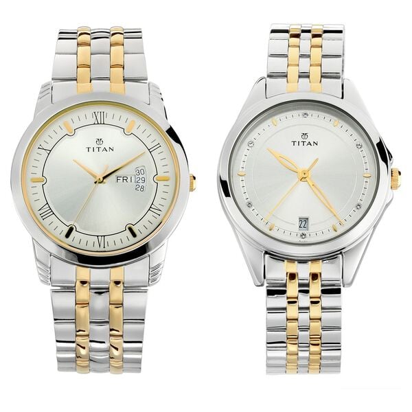 Titan Bandhan Quartz Analog with Day and Date Silver Dial Stainless Steel Strap Watch for Couple