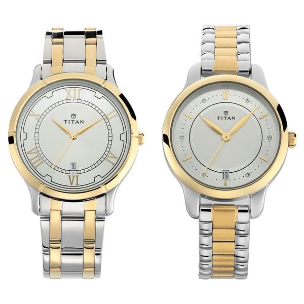 Titan Bandhan Quartz Analog with Date Silver Round Dial Two Toned Stainless Steel Strap Watch For Couple