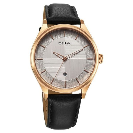 Titan Neo Economy Quartz Analog with Date Silver Dial Black Leather Strap Watch For Men