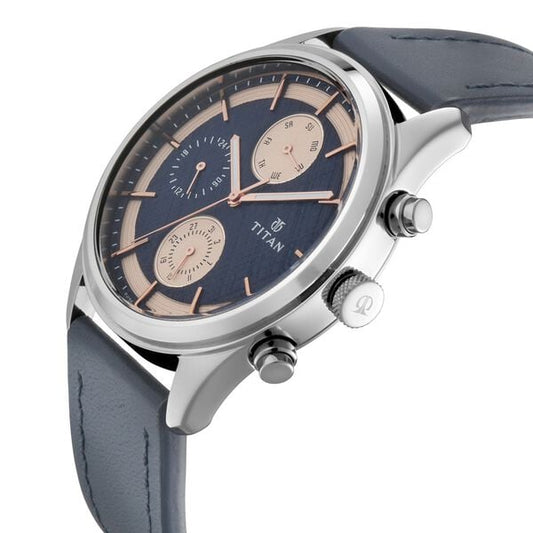 Titan Men's Metropolitan Charm: Men's Multifunctional Blue Watch with Leather Strap