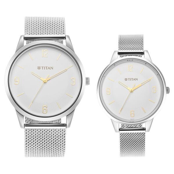 Titan NT18062648SM01 Quartz Analog White Dial Watch for Couple
