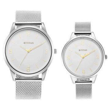 Titan NT18062648SM01 Quartz Analog White Dial Watch for Couple