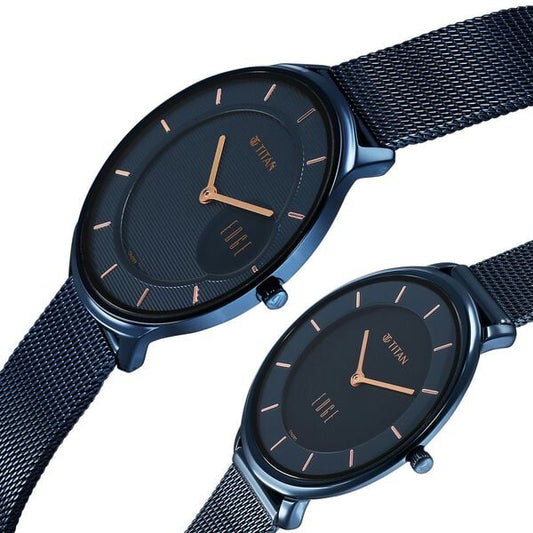 Titan Edge Pair Blue Dial Analog Stainless Steel Strap watch for Couple 18432655QM01