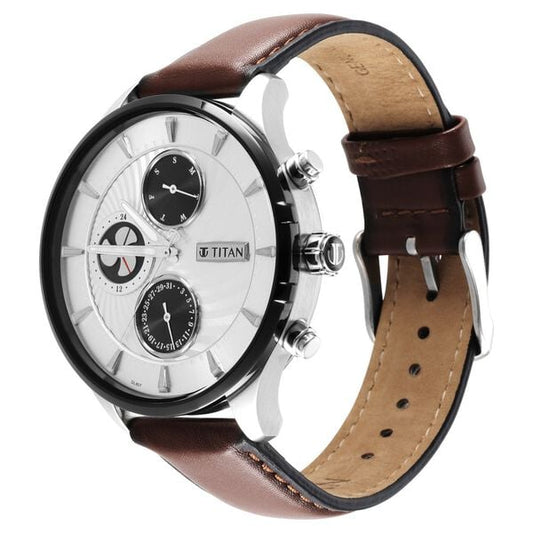 Titan Maritime White Dial Quartz Multifunction Leather Strap Watch for Men